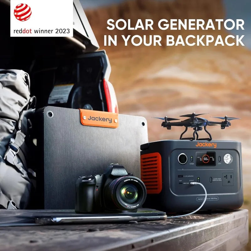 Solar Generator 300 Plus Portable Power Station with 40W Book-sized Solar Panel, Outdoors, Camping, Traveling, and Emergencies