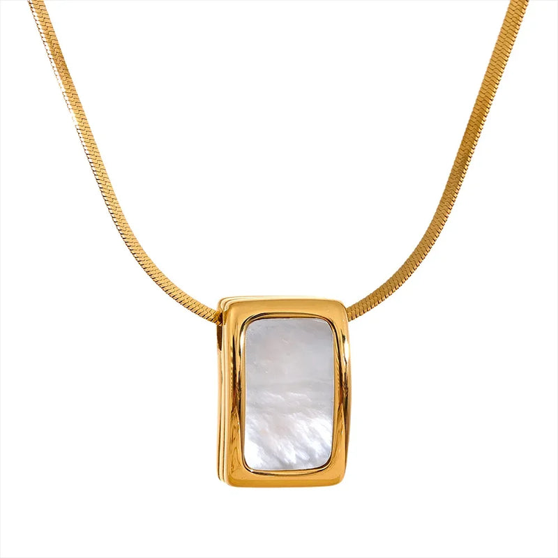 Yhpup Natural Shell Square Thicker Pendant Stainless Steel Fashion Necklace Unisex High Quality Golden Chain Jewelry Men Women
