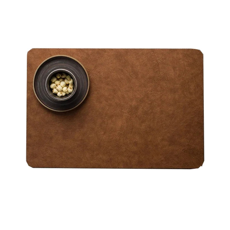 Light Luxury Solid Leather Placemat Coffee Brown PVC Table Mat Waterproof Oilproof Heat-Insulated Plate Bowl Pad Table Decor