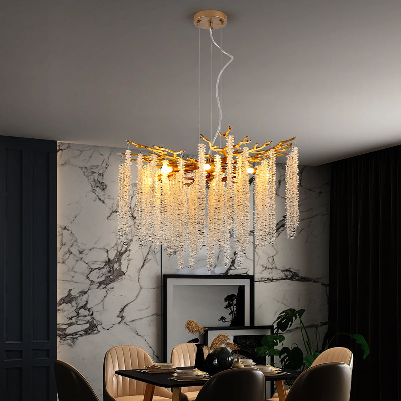 23.6inch Modern Golden Chandelier with Cascading Crystal String, Perfect for Living Room, Dining Room and Foyer, High-End Decorative Lamps (Bulb Not Included)