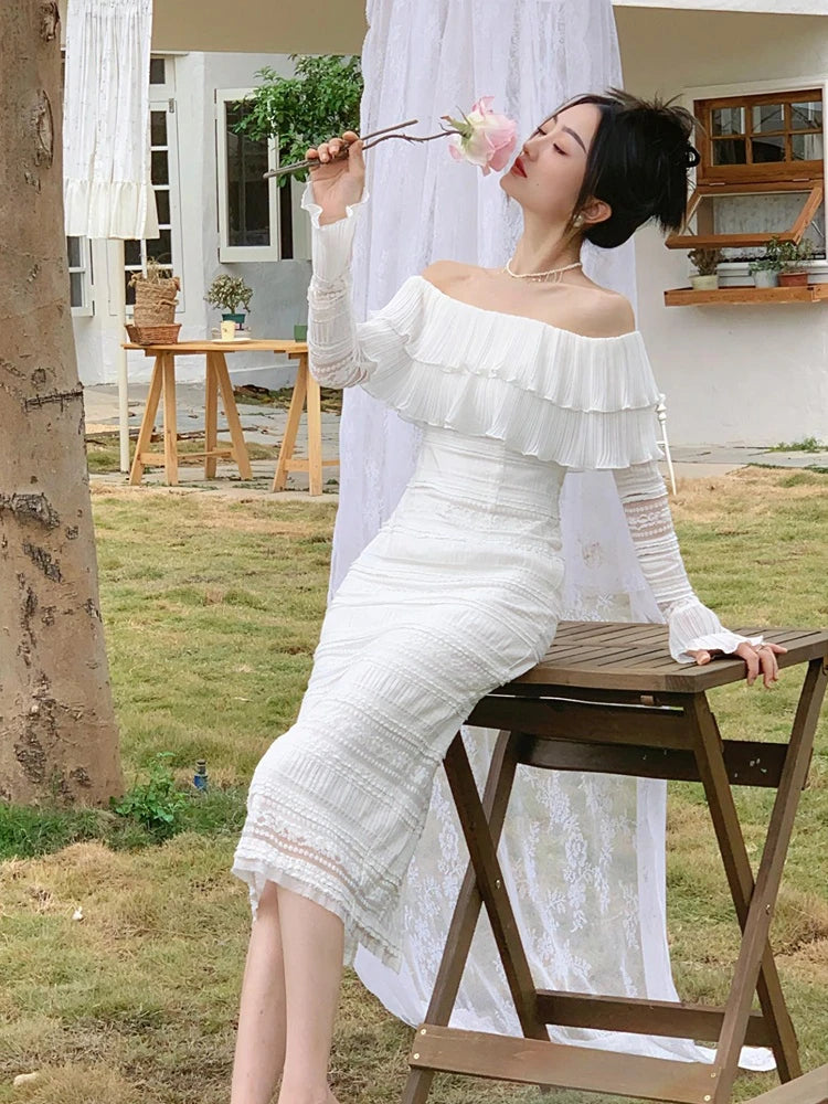 White Elegant Vintage Midi Dress Women Ruffles Sexy Beach Party Bodycon Dress Female Silm One Piece Dress Korean 2023 Summer Y2k