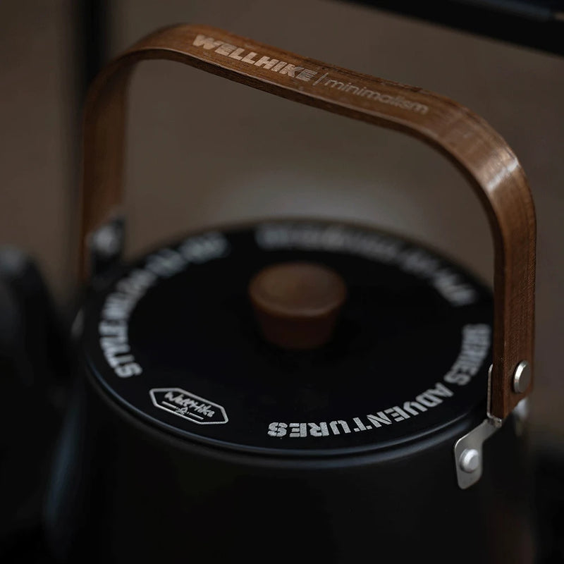 1.1L Camping Water Kettle with Wooden Handle Outdoor Portable Teapot Lightweight Coffee Pot Tourist Tableware