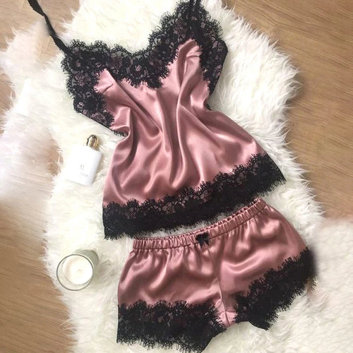 Modische Nachtwäsche, Spitzenbesatz, Satin-Cami-Top, Pyjama-Sets, sexy heiß, erotische Homewear, Damen-Pyjama, Damen-Nachtwäsche, ärmellose Träger