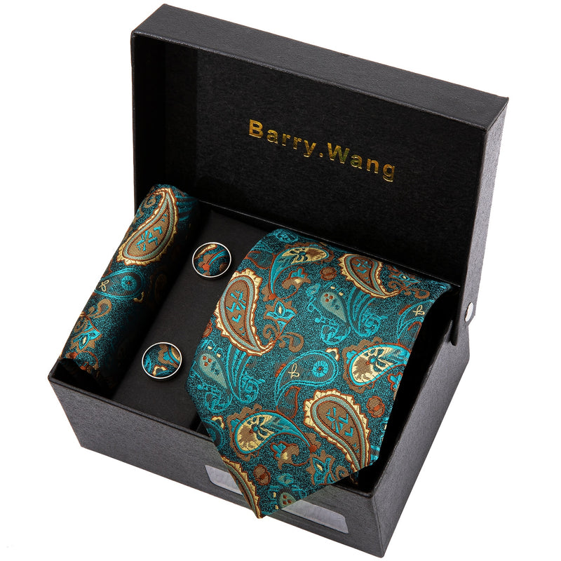 Gold Men Tie Paisley Silk Tie Pocket Square Gift Box Set Barry.Wang Luxury Designer Neck Tie For Men Male Gravat Wedding BB-5150