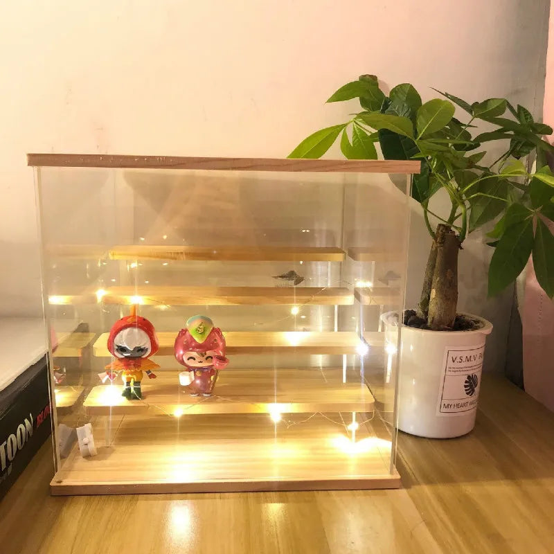 2-4 Tier Riser Display Stand Case Led Light Clear Acrylic Showcase Wooden Shelves Storage Box Figure Riser Perfume Displaying