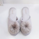 Haus Elegante Quaste Haarkugel Damen Hausschuhe Bequeme Stoff Schicke Damen Flache Schuhe Frühling Luxus Champagner Damen Pantoletten