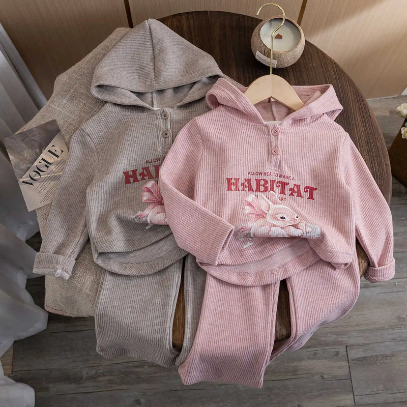 Children's Top and Bottom Clothes Set 2024 New Children's Fashionable Little Girls Hooded Sweatshirt Rabbit Fashion Suit Outfit