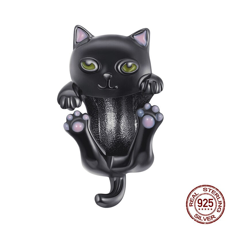 WOSTU 2021 925 Sterling Silver Cute Black Cat Suspend Animals Charm Beads Fit Original Bracelet DIY Jewelry CTC520