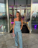 Fashion Sequins Denim Set Women Strapless Tunic Waist Crop Top and Wide Leg Pant Suit 2024 New 2 Piece Sets Outfits Tracksuit