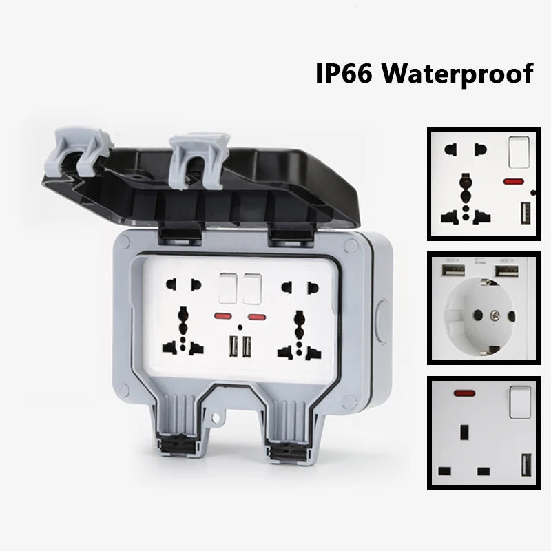 International Universal IP66 USB Wall Outdoor Waterproof Switch Socket,UK EU DE Korea Rain Proof Charging Outlet Waterproof Box