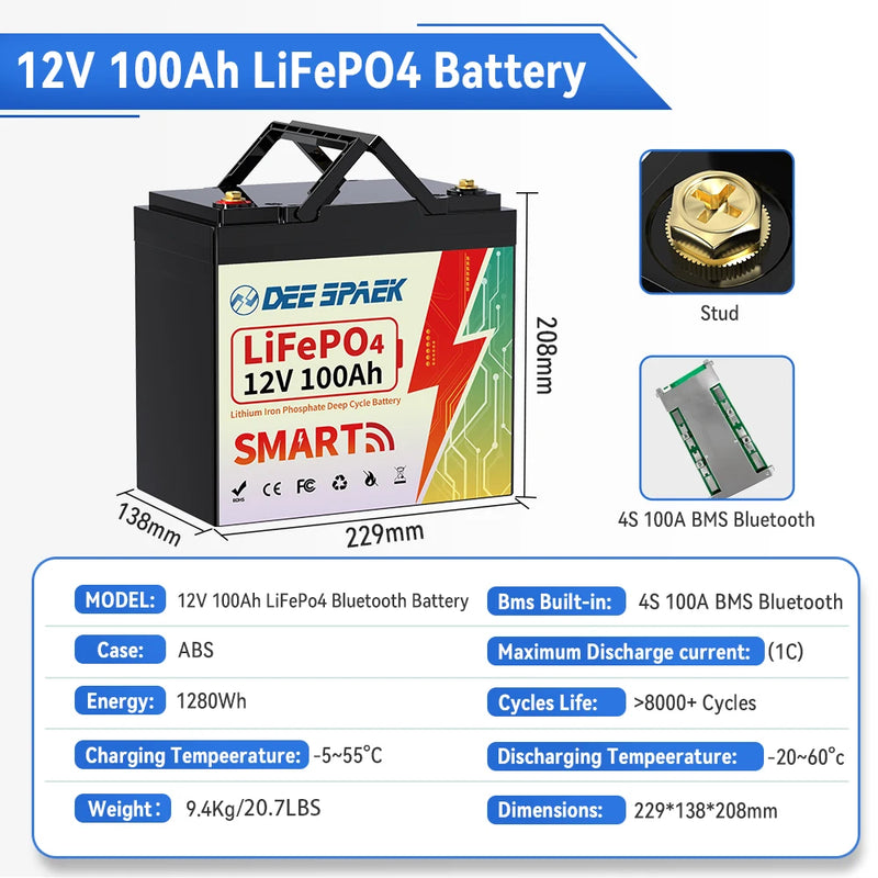 12V 100AH LiFePO4 Lithium Battery Pack BMS 100A For Solar RV Camping Trolling Motor Bluetooth 12v Lithium Iron Phosphate Battery