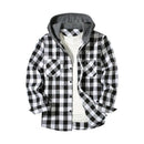 Fall Spring Men Hooded Shirt Color Matching Plaid Print Single-breasted Male Shirt Coat Casual Drawstring Long Sleeves Outerwear