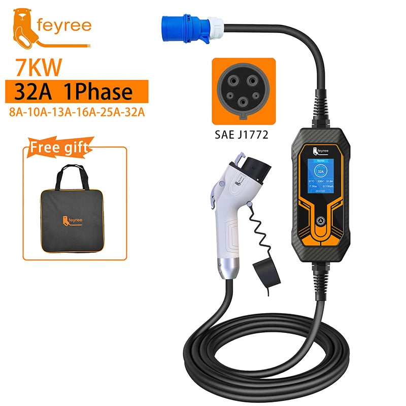 feyree Portable EV Charger Wallbox Type2 Cable 32A 7KW with CEE Plug EVSE Type1 Charging Box j1772 Adapter for Electric Vehicle