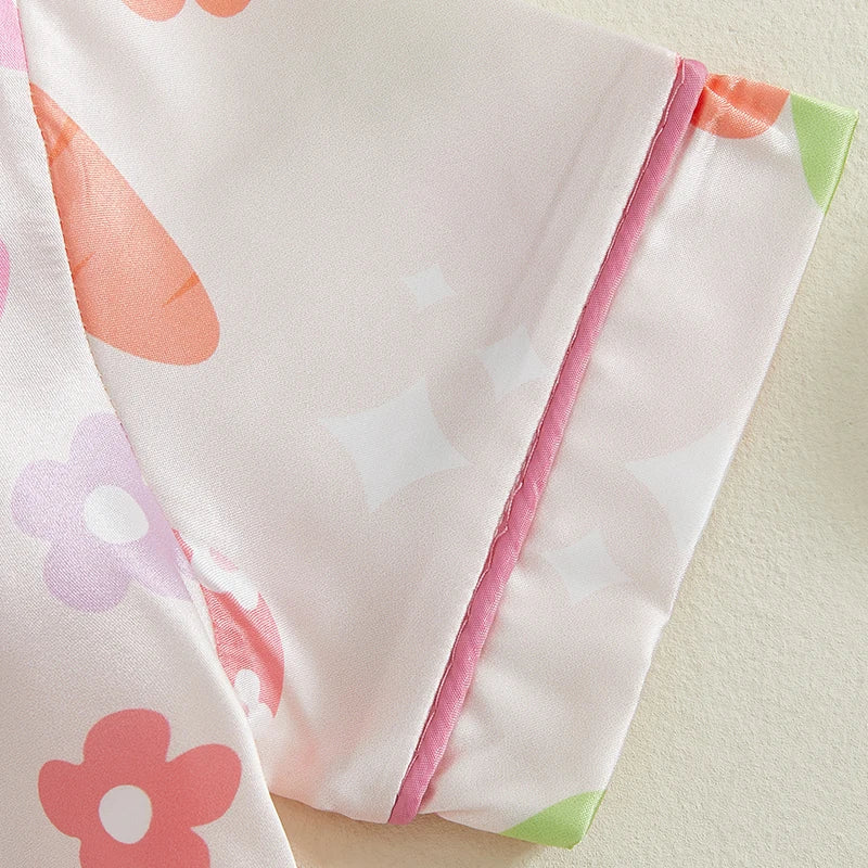 3-7Years Kids Girls Pajamas Set Eggs Flowers Carrots Print Short Sleeve Turn-down Collar Tops with Shorts Easter Sleepwear