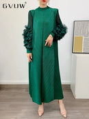 GVUW Women‘s New Pleated Dresses Round Collar Solid Color Appliques Loose Long Sleeve 2024 Spring Female Fashion Clothes 17J0207
