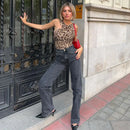 Women Leopard Tulle Bodysuit 2025 Summer Hollow Out Irregular Straps Snap-botton for Holiday Beach Style Streetwear