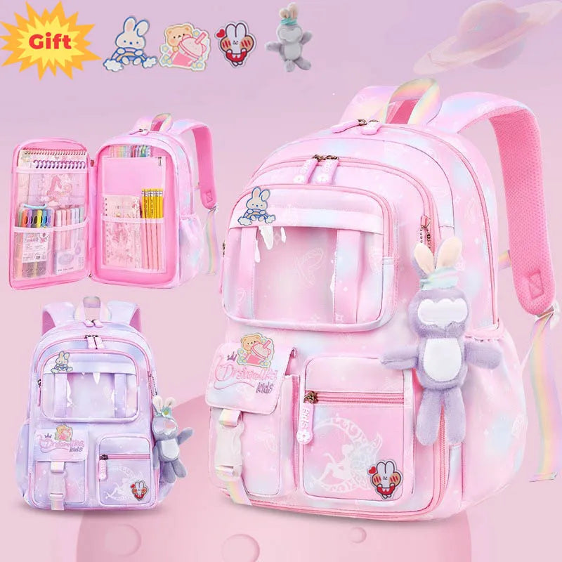 Waterproof Rainbow Schoolbag Student Girls Children's Princess Refrigerator Door Backpack Spine Protector Shoulder Bags Cute