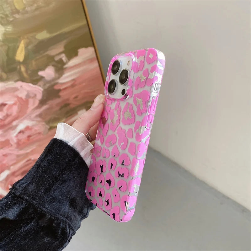 Cute Fashion Pink Leopard Print Phone Case For iphone 11 12 Pro Max 13 14 15 plus Plastic Clear Hard Back Cover