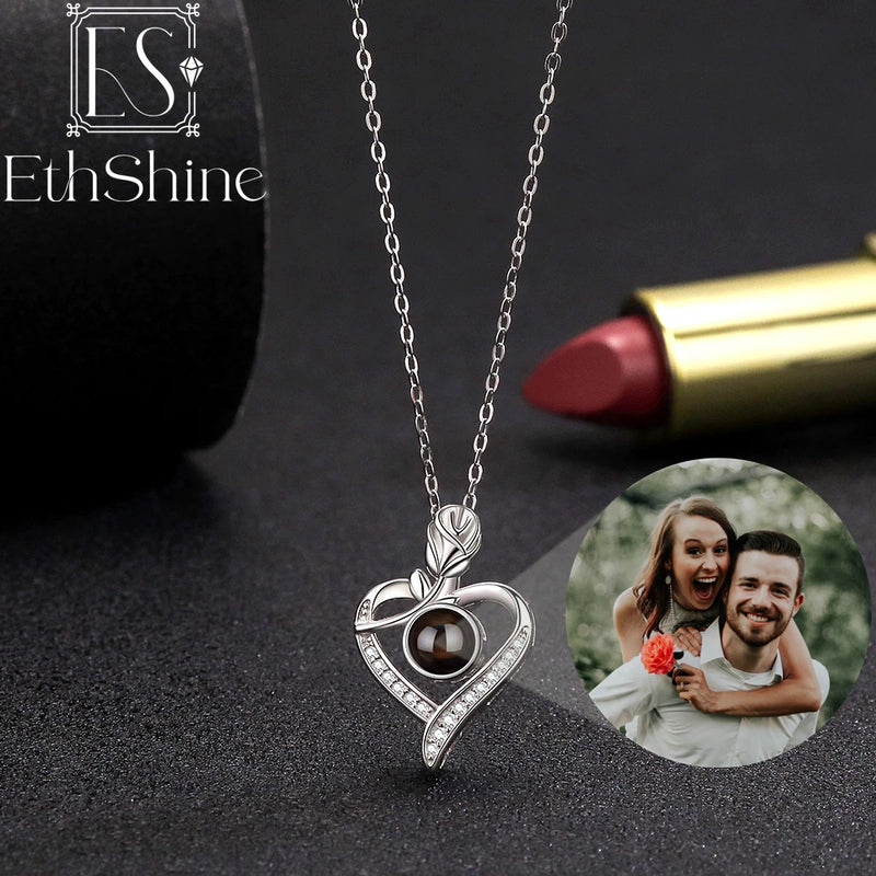 EthShine 925 Sterling Silver Projection Photo Custom Necklace Heart Picture Pendant Necklaces for Women Mother's Day Gift