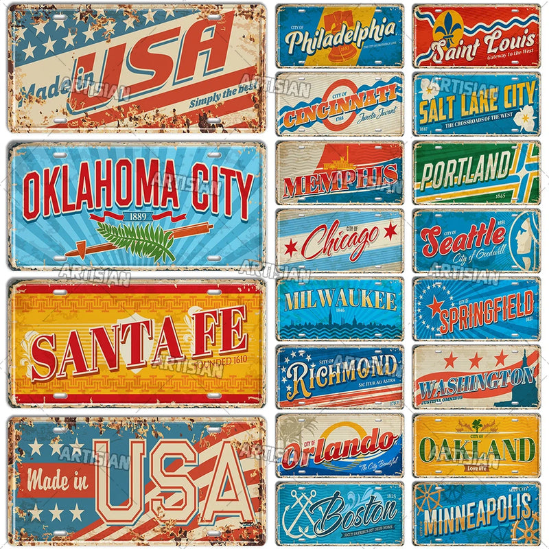 Artisian USA License Plate Landmark Tin Plaque US City State Metal Sign Wall Decor Garage Bar Pub Club Hotel Cafe Kitchen Home