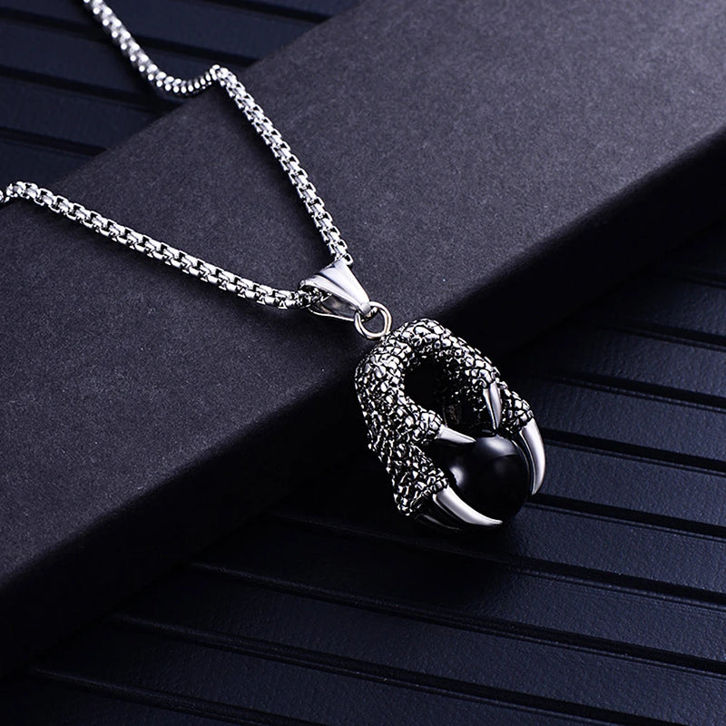 Classic Domineering Dragon Claw Stainless Steel Necklace For Men Punk Red Black Crystal Ball Pendant Necklace Fashion Jewelry