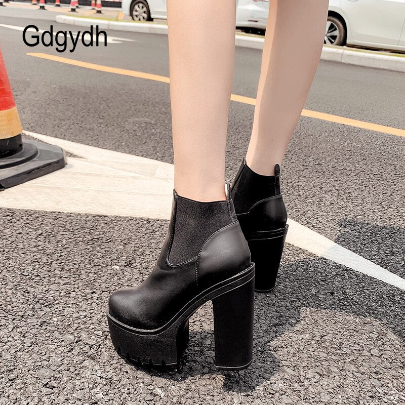 Gdgydh – bottes en cuir noir pour femmes, chaussures à talons hauts et plate-forme, modèle de fête, printemps-automne, couleur unie