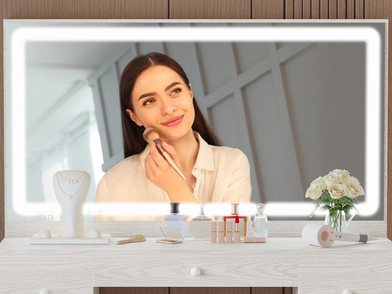 IRONCK Vanity Desk Set with LED Lighted Mirror & Power Outlet, 7 Drawers Makeup Vanities Dressing Table with Stool, for Bedroom