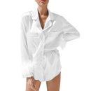 Damen-Pyjama, 2-teilig, Patchwork, Federbündchen, einfarbig, langärmeliges Revers-Knopfhemd mit kurzen Hosen, lockere Loungewear-Outfits