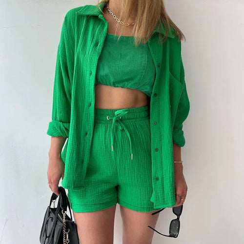 2-teiliger lässiger Schlafanzug aus Baumwolle für Damen, mit Umlegekragen, Schlaf-Oberteile und Shorts, Gaze-Cardigan, Homewear für den Sommer