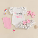 Adorable Baby Easter Outfit with Bunny Print Romper Ruffled Shorts Headband and Long Socks - 4 Piece Set for Your Little Girl