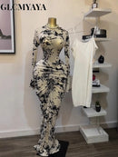 CM.YAYA 2025 Fall Women Long Sleeve Stacked Mesh See Though with Lining Bodycon Long Dress Evening Birthday Sexy Party Dresses