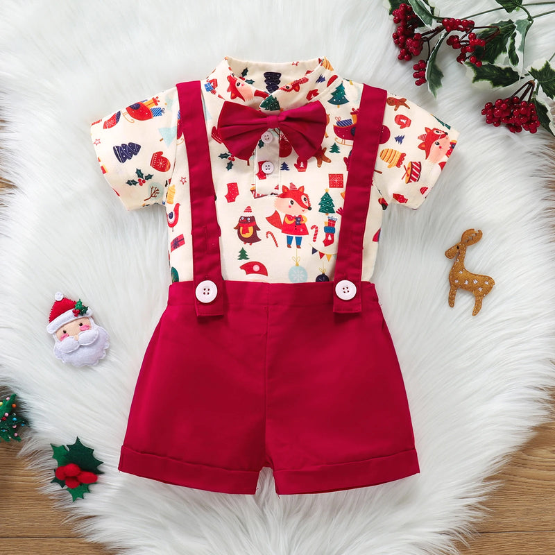 Christmas Suit Infant Bow Short Sleeve Polo Romper + Brace Shorts Set Newborn Baby Girl Boy Clothes