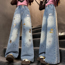 Mädchen Jeans Frühling Herbst Cartoon Weite Beine Jeans für Teenager Kinder Schwere Stickerei Stern Loose Straight Leg Hose für Kinder