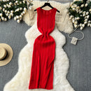 Green New Summer Knit Sexy Strap Dress Women Tank Elatic Waist Bodycon Sundress Female Beach Split Maxi Long Dress