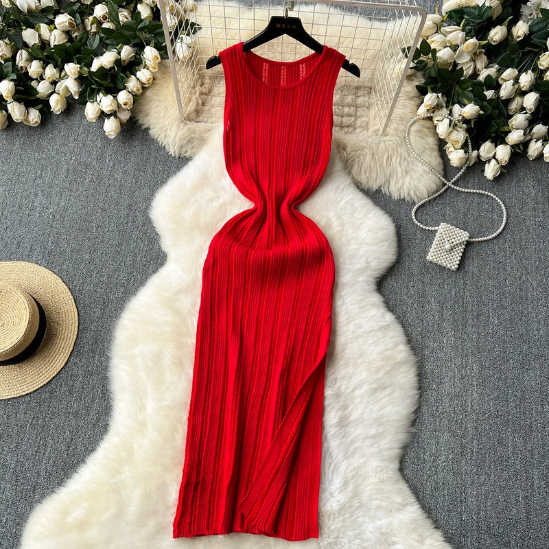 Green New Summer Knit Sexy Strap Dress Women Tank Elatic Waist Bodycon Sundress Female Beach Split Maxi Long Dress