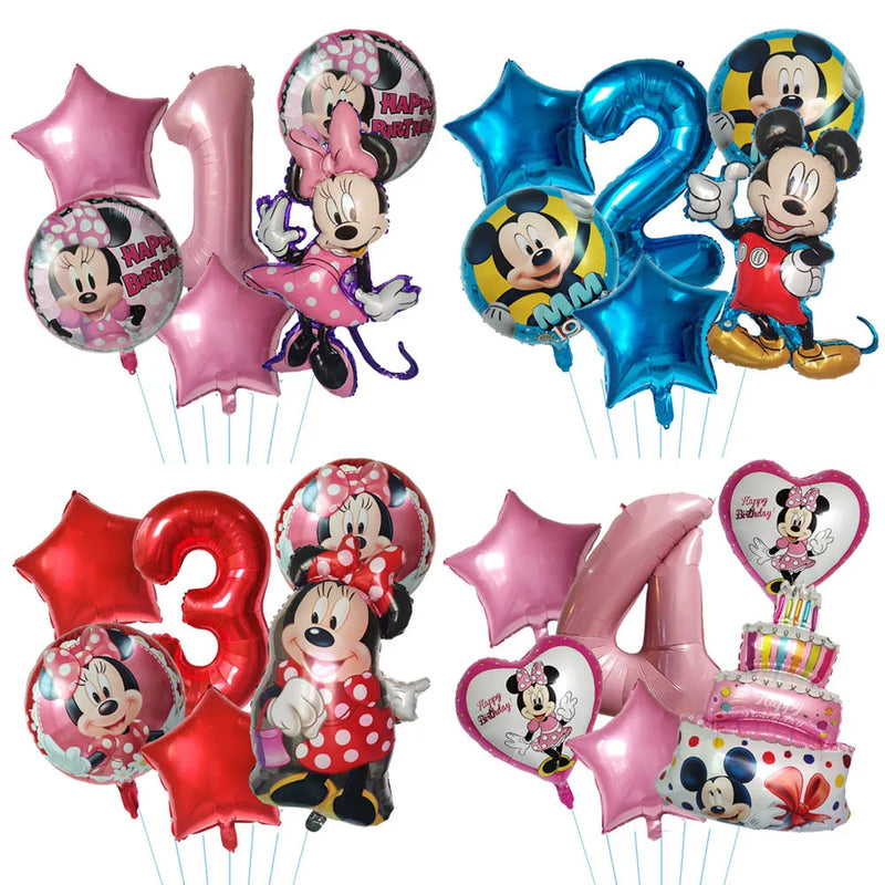 6pcs Disney Mickey Mouse Head Balloon Set Minnie Number Helium Globos Kids Birthday Party Decor Baby Shower Toy Cake Decoration
