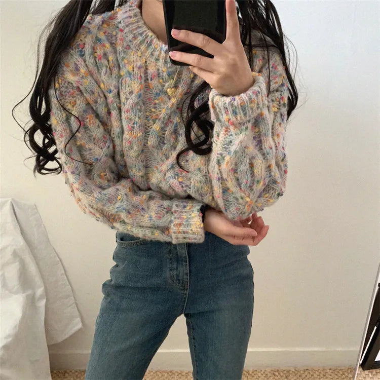 New Oversized Candy Contrast Color Dot Coarse Knitted Sweater Women Long Sleeves O Neck Pullover Sweater Casual Knitted 71F