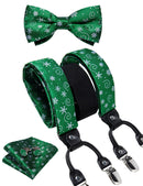 DiBanGu Mens Adjustable Silk Suspenders Bow Tie Cufflinks Pocket Square Set Metal Clips Y back Elastic Braces Wide Strap 3.5CM