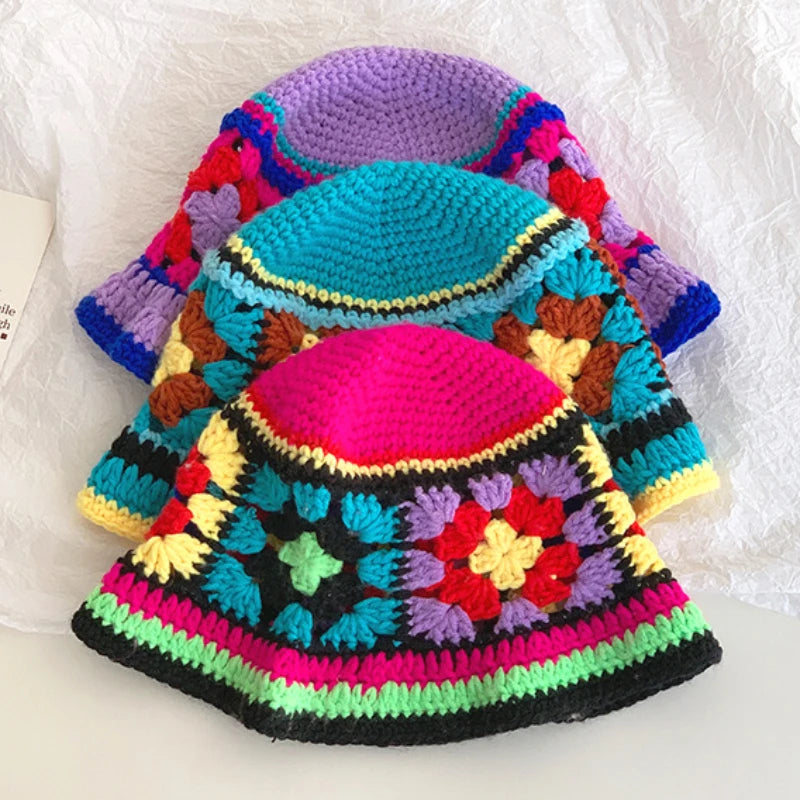 Retro Versatile Japanese Dopamine Rainbow Knitted Bucket Hats for Women Spring and Autumn Travel Fashion Casual Basin Cap