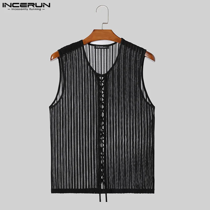 INCERUN Men Tank Tops Transparent Lace Up Mesh O-neck Sleeveless Male Vests Summer Streetwear 2024 Skinny Fashion Men Clothing