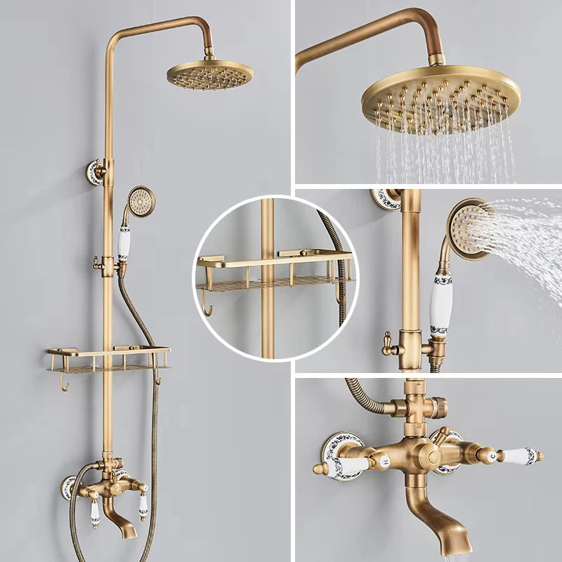 Retro Shower System Antique Brass Rainfall Shower With Handheld Shower Tub Spout For Bath Shower