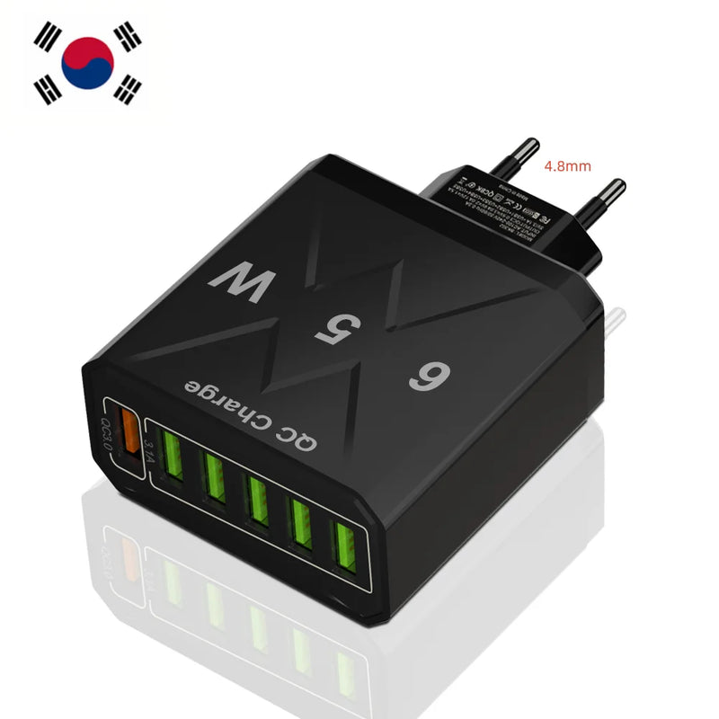 65W 6 Ports USB Charger Fast Charging Mobile Phone Charger Adapter For iPhone Samsung Xiaomi QC 3.0 EU/US/KR/UK Fast Charge Plug