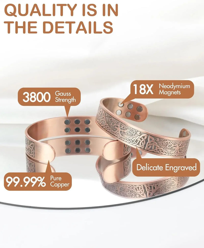 ARADOO Tree of Life Pure Copper Magnetic Bracelets with 18Pcs 3500 Gauss Strong Neodymium Magnets Cuff Bangle Jewelry Gift