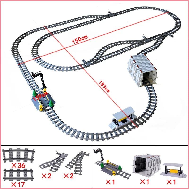 City Train Station Platform Traffic Light Cave Flyover Tracks Straight Curved Rails Building Block Bricks Technican Creative Toy