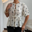 Plus Size Spring/Summer New Arrivals Romantic Holiday Bow-Pattern Puff Sleeve Tie-Front Blouse Casual Wear