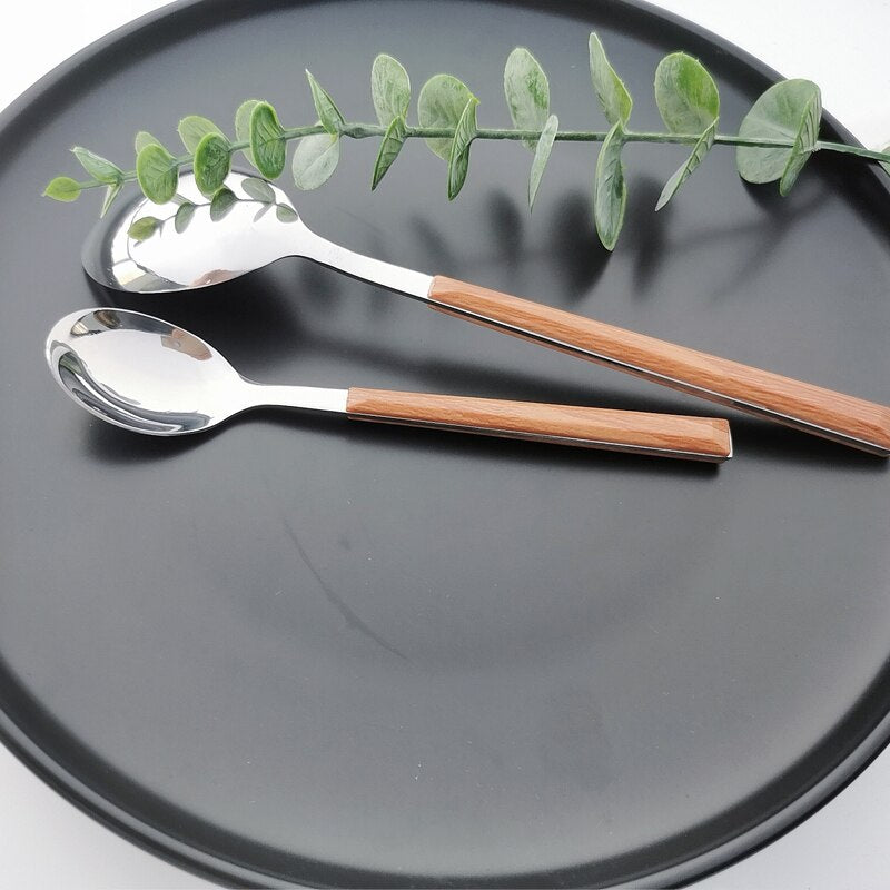 16/20/24Pcs 304 Stainless Steel Dinnerware Sets Glossy Silver Wooden Tableware Western Food Knife Fork Teaspoon Cubiertos