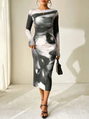 Spring New Women's Maxi Dresses Clubwear Fashion Long Sleeves Tie-Dye O-Neck Slim Dress Black Sexy Lady Elegant Dresses Clothing