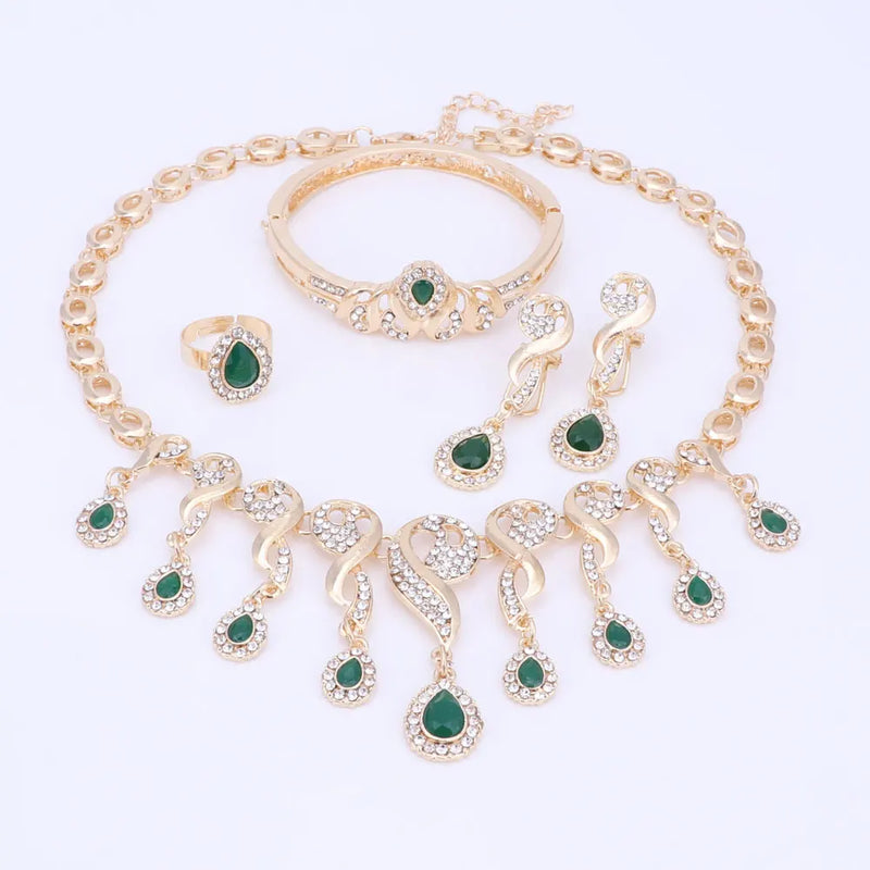 Gold Color Crystal African Beads Jewelry Sets For Women Dress Accessories Wedding Bridal Necklace Earrings Bracelet Ring Sets
