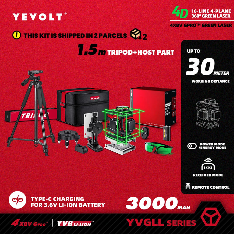 YEVOLT Laser Level Green Beam 4-Plane 16-Line Self-leveling 360 3D Ground-Hugging Horizontal & Vertical Tile Measuring Tools