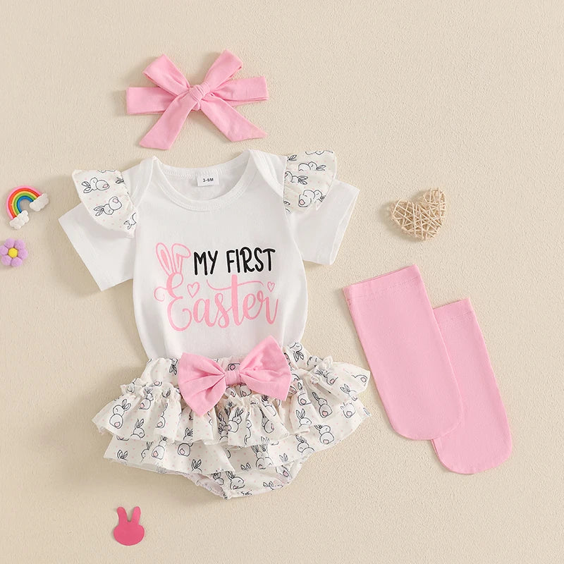 Adorable Baby Easter Outfit with Bunny Print Romper Ruffled Shorts Headband and Long Socks - 4 Piece Set for Your Little Girl